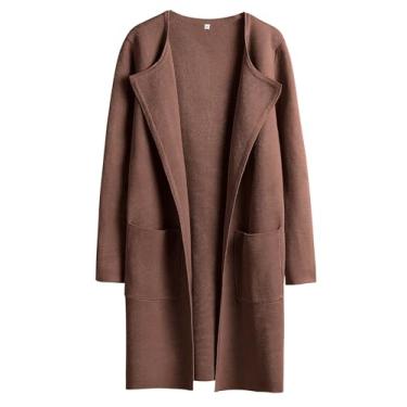 Imagem de Caracilia Cardigã feminino de malha grande frente aberta manga longa lapela jaqueta casual 2023 casaco elegante coatigan, 18_marrom, G