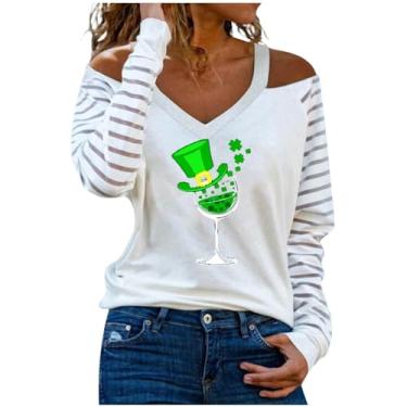 Imagem de Nagub Camiseta feminina St Patricks Day manga longa gola V estampa trevo ombro de fora plus size camisas modernas túnicas 2024, Z - Camisa do Dia de São Patrício - F-wh2, M