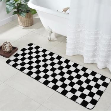 Imagem de Uphome Tapete de corredor de banheiro, preto e branco quadriculado longo lavável à máquina tapete de banho antiderrapante, tapete de banho de microfibra macia absorvente de água 45 x 18 cm para