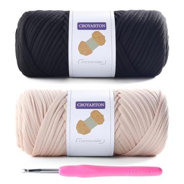 Imagem de Pacote com 2 fios de camiseta para crochê com 1 agulha de crochê, fio elástico para bolsa de crochê/cestas/decoração de casa, fio espaguete fio grosso de tricô comprimento total 130 metros, peso 397 g