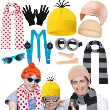 Imagem de QAUYETM 11Pcs Halloween Costume Set Includes Minion Goggles Yellow Beanie Hat Fake Nose Black Gray Striped Scarf Red Polka Dot Scarf Blue Frame Sunglasses Halloween Cosplay Accessories for Men Women