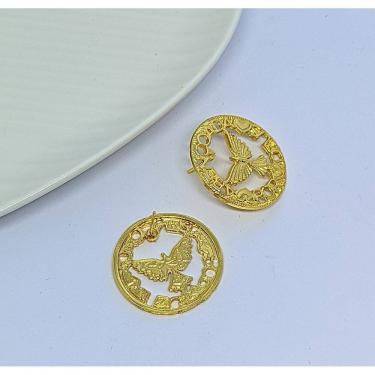 Imagem de Par de Brincos Feminino com Pingente Medalha Divino Espirito santo Abençoada por Deus Folheado Ouro Dourado Lançamento