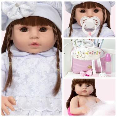 Imagem de Bebe Reborn Silicone 46cm Cabelo Castanho Enxoval Completo - Cegonha R