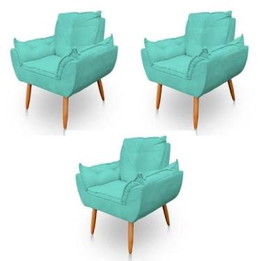 Imagem de Kit 3 Poltronas Decorativa Opala Sala de Estar Tecido Suede Azul Turqu
