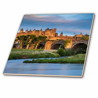 Imagem de 3dRose Pôr do sol sobre a cidade de Carcassonne e rio AUDE, azulejo de cerâmica da França, 15 cm