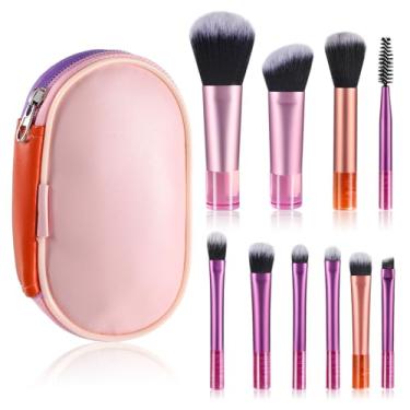 Imagem de Conjunto de 10 pincéis de maquiagem tamanho viagem mini pincéis de maquiagem com pacote de pincéis de maquiagem produtos portátil pequeno pincel de maquiagem sombra base pincel sombra contorno blush