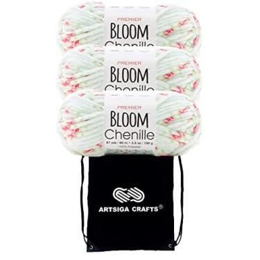 Imagem de Premier Yarns Bloom Chenille Dewdrop 2099-11 (3 novelos - mesmo lote de corante) Peso P volumoso #6 Fio de poliéster para crochê e tricô - Pacote com 1 bolsa Artsiga Crafts Project