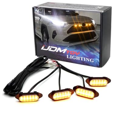 Imagem de iJDMTOY Kit de iluminação de grade frontal de lente fumê estilo TRD amarelo âmbar compatível com Toyota RAV4 2019, inclui (4) luzes de grade de LED com cobertura de fumaça 12-SMD e chicote de fiação