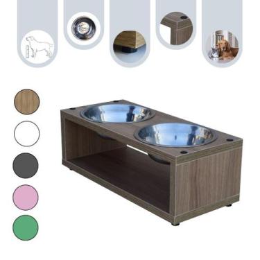 Imagem de Comedouro Duplo Gato Elevado Cachorro Pet MDF Luke Amadeirado - Inox -