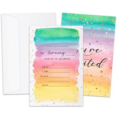 Imagem de Cartões de convite de aniversário arco-íris, convites de aniversário para crianças adolescentes, cartões de convite de glitter aquarela, 20 peças de convites de preenchimento dupla face com envelopes