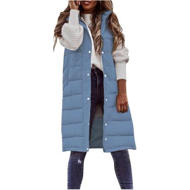 Imagem de Colete longo feminino sem mangas leve puffer jacet pacable casaco com capuz acolchoado com capuz inverno, azul, XXL