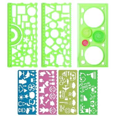 Imagem de Conjunto de 7 peças de estênceis de desenho de plástico – Kit de régua geométrica multifuncional, presente para meninas e meninos