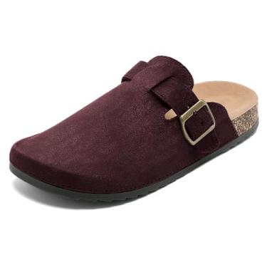 Imagem de DDXYYDS Tamancos de camurça masculinos e femininos unissex de couro com palmilha de cortiça macia, fivela ajustável, sandálias de batata com suporte de arco, Vinho tinto, 37 BR