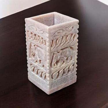 Imagem de Shiva Lingam Shop Porta-lápis de pedra sabão de mármore esculpido à mão natural de 10,8 cm para organizador de mesa de estudo, armazenamento de material de escritório, mesa, papelaria, suporte de