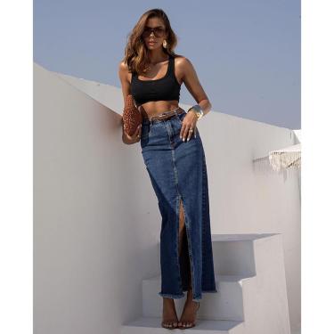Imagem de SAIA JEANS LONGA FEMININA CINTURA ALTA ABERTURA FRONTAL 23534-Feminino