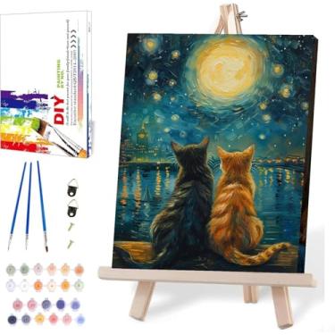 Imagem de Pintura de gato por números para adultos com cavalete, kit de pintura emoldurada por números em tela para iniciantes, conjunto de pintura a óleo de noite estrelada, suprimentos de artesanato, 3