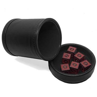 Imagem de Set of (6) Black & Red Opaque Dice 16mm 6-Sided Numerals 1-6 Squared Corners + PU Leather Cup with Removable Matching Lid Cover Tray Felt Lined (Black)