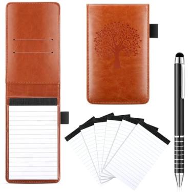 Imagem de Teling Conjunto de 8 peças de mini bloco de notas de bolso, mini suporte de couro com 50 folhas forradas, caneta de metal e 6 peças de refil de livro de notas de 8 x 12 cm, 30 papel forrado por bloco