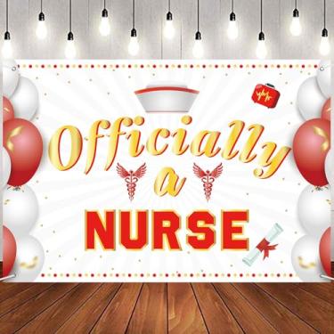 Imagem de Banner oficialmente um pano de fundo de enfermeira, cenário fotográfico de graduação de enfermeira RN tecido durável faixa de graduação em enfermagem médica, decoração de festa de formatura, adereços