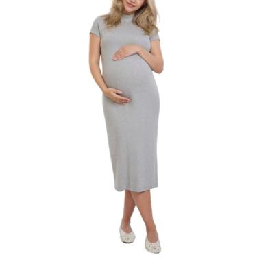 Imagem de Motherhood Maternity Vestido feminino midi colado ao corpo com gola redonda canelada para gravidez, Cinza mesclado, M