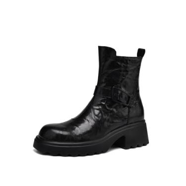 Imagem de TinaCus Bota feminina de couro legítimo, bico redondo, plataforma feita à mão, com zíper lateral, chique, cano curto, Preto, 33