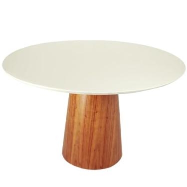 Imagem de Mesa de Jantar Redonda Laqueada Tampo com Vidro Temperado Base Cone com Acabamento Amadeirado Laminado Mel (100 CM)