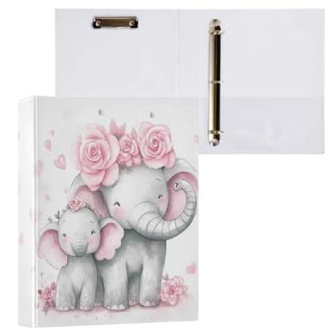 Imagem de Vuiyean Fichário fofo de elefante de bebê floral rosa de 3 cm com prancheta e bolsos, fichário de capa dura de elefantes fofos, 3 anéis, pasta de arquivo grande resistente para material escolar de