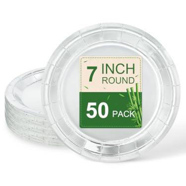 Imagem de LIKAJON 50 peças de pratos de papel prateados, pratos de sobremesa descartáveis de 17 cm para dia dos namorados, festa de chá, chá de bebê, aniversário, casamento, formatura, piquenique, churrasco,