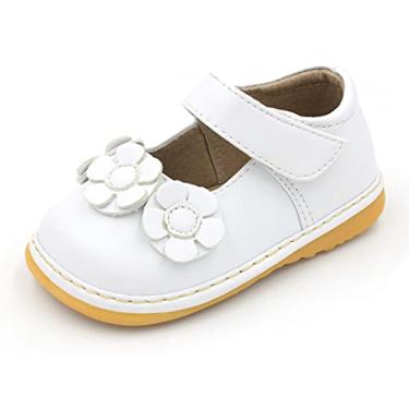 Imagem de Little Mae's Boutique Sapatos Mary Jane Brancos, Pretos, Marrom, Rosa ou Roxo Squeaky para Meninas Crianças, Tênis de Caminhada Ideal para Bebês, Tênis Removível, White 3 Flower, 8 Toddler