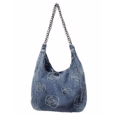 Imagem de YANPLS Bolsa jeans Hobo para mulheres, bolsa de ombro casual jeans com estampa floral, alça de corrente, Azul 1, Retrô