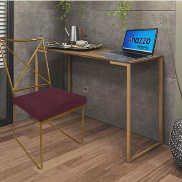 Imagem de Kit Escritório Clark Cadeira e Mesa Industrial Ferro Dourado Tampo mdf Castanho Suede Bordô - Ahz Móveis
