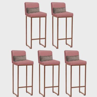 Imagem de Kit 05 Banqueta Alta com Encosto Lucca Industrial Cozinha Balcão Ferro Bronze Suede Rose Gold e Almofada Bege - Ahz Móveis