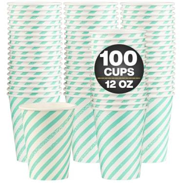 Imagem de Smygoods Copos de café descartáveis de 340 g – Design listrado verde e branco, copos de papel quente para café, chá, expresso, cacau – Pacote com 100