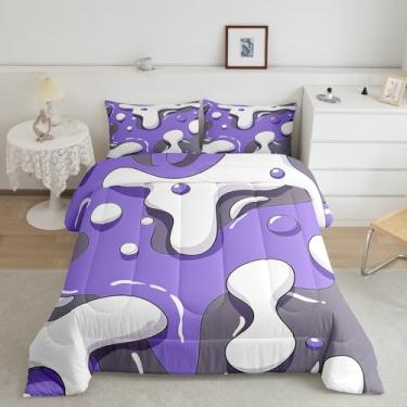 Imagem de jejeloiu Conjunto de edredom solteiro cinza roxo para crianças, arte abstrata, camuflagem, arte moderna, estilo camuflado, respirável, geométrico, conjunto de edredom para decoração de quarto