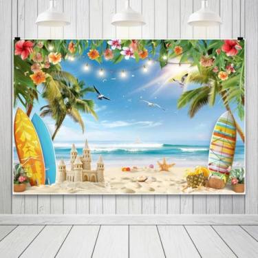 Imagem de Renaiss 2,1 x 1,5 m pano de fundo para prancha de surfe, flores tropicais havaianas, folhas de palmeira, Aloha Luau, céu azul, oceano, fotografia de fundo para festa de aniversário, chá de bebê