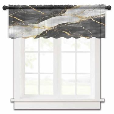 Imagem de Cortina transparente de mármore preto e branco dourado para janelas de cozinha, arte moderna abstrata gradiente, tratamentos de janela, bolso para varão, saia curta para sala de estar, banheiro, 137 x