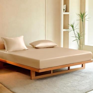 Imagem de THXSILK Jogo de lençol casal de seda, 3 peças, macio, respirável, com 1 lençol com elástico, 2 fronhas com fecho de zíper, refrescante para dormir quente, champanhe