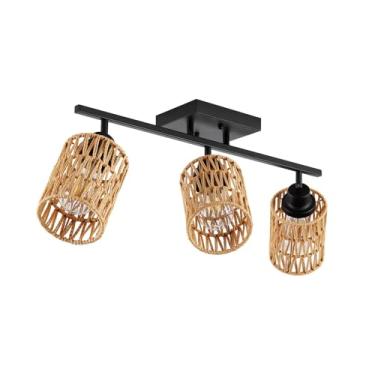 Imagem de AIBISOD Kits De Iluminação De Teto De Vime Com 3 Luzes, Luminária De Trilho Com Estilo Boho De Fazenda, Luminárias Modernas Para Banheiro, Holofote Preto E Cortinas De Vime Para Cozinha, Banheiro, S