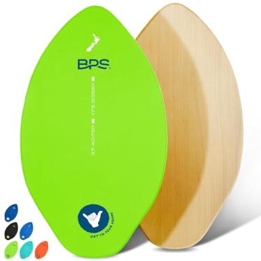 Imagem de Skimboards BPS 'Shaka' com almofada de aderência de EVA colorida e revestimento transparente de alto brilho | placa de esqui de madeira com almofada de aderência para crianças e adultos | Escolha entre 3 tamanhos e cores de almofada de tração, Green w/ Purple Accent, 35 Inch