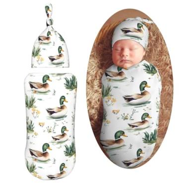 Imagem de KiuLoam Lindo cobertor de banho de patos selvagens com conjunto de gorro para recém-nascidos recebendo cobertores, envoltório de bebê, saco de dormir macio para bebês meninos e meninas