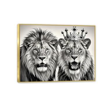Imagem de Leão e Leoa Rei Rainha Sala de Estar Arte de Parede Preto e Branco Casal Africano Pintura em Tela Impressão 40 x 30 cm Moldura dourada