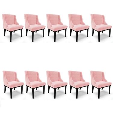 Imagem de Kit 10 Cadeiras Estofadas Para Sala De Jantar Base Fixa De Madeira Preto Lia Suede Rosa Bebê - Ibiza