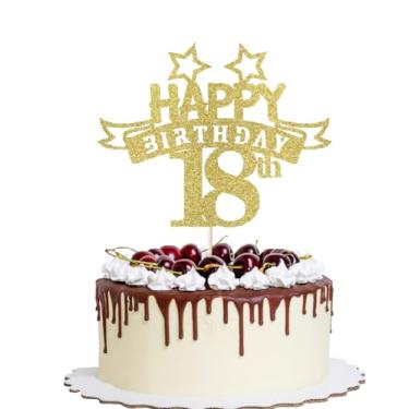 Imagem de YQLXDHBD Topo de bolo dourado com glitter feliz aniversário de 18 anos, decoração de bolo de aniversário de 18 anos para artigos de festa temática de aniversário de 18 anos