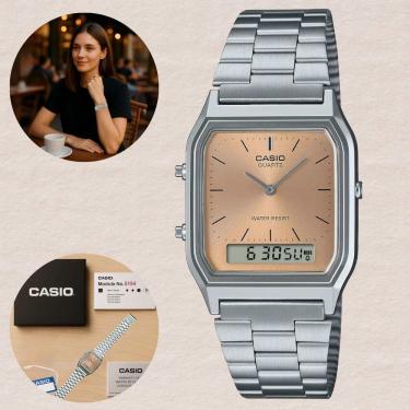 Imagem de Relógio Casio Anadigi Vintage Prata AQ-230A-4AMQYDF Hora Dual Digital Analógico Alarme Cronômetro Resistência à Água Pulseira Inox