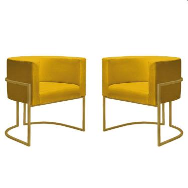 Imagem de Kit 2 Poltronas Reforçadas Decorativa Sala Nayara Base Ferro Dourado Suede Amarela