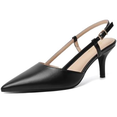 Imagem de Mostrin Salto gatinho Slingback para mulheres, salto médio, couro, bico fino, fechado, stiletto 7,6 cm, sapatos sociais para festas de casamento, Poliuretano preto, 38
