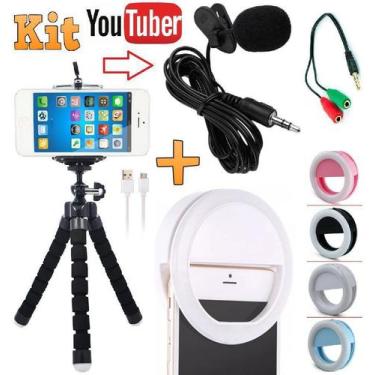 Imagem de Kit Youtuber Microfone de Lapela + Mini Tripé Flexível + Luz Flash Sel