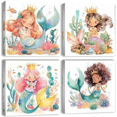 Imagem de Arte de parede de sereia para quarto de berçário, meninas, banheiro, sereia, princesa, decoração de quarto feminino, fofo, suculenta, mundo subaquático, vida oceânica, impressão em tela, bebê infantil