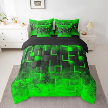 Imagem de Feelyou Conjunto de edredom verde com 7 peças, solteiro, geométrico, colmeia, geométrico, ombré, arte abstrata, para meninos e adolescentes, lençol com edredom