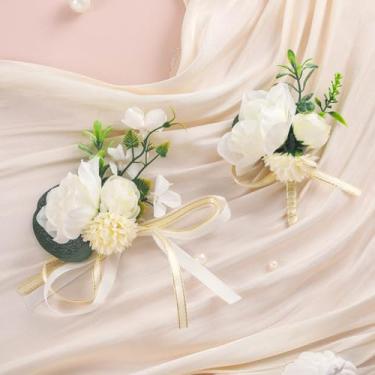 Imagem de Campsis Conjunto de corpete de pulso e flor na lapela rosa branca com corpete de pulso e flor de casamento artificial para decoração de festa de casamento (2 peças)